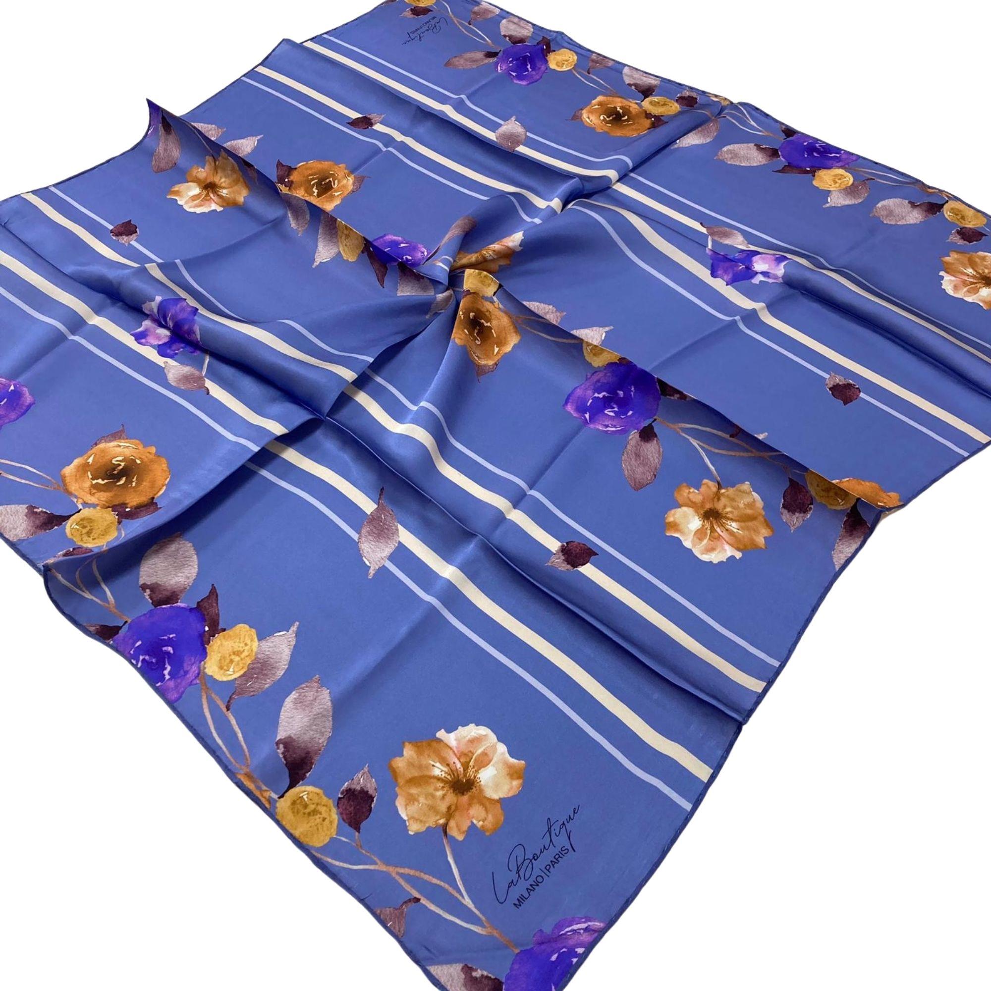 La Boutique Indigo Floral Patterned Sura Silk Scarf 1579-07