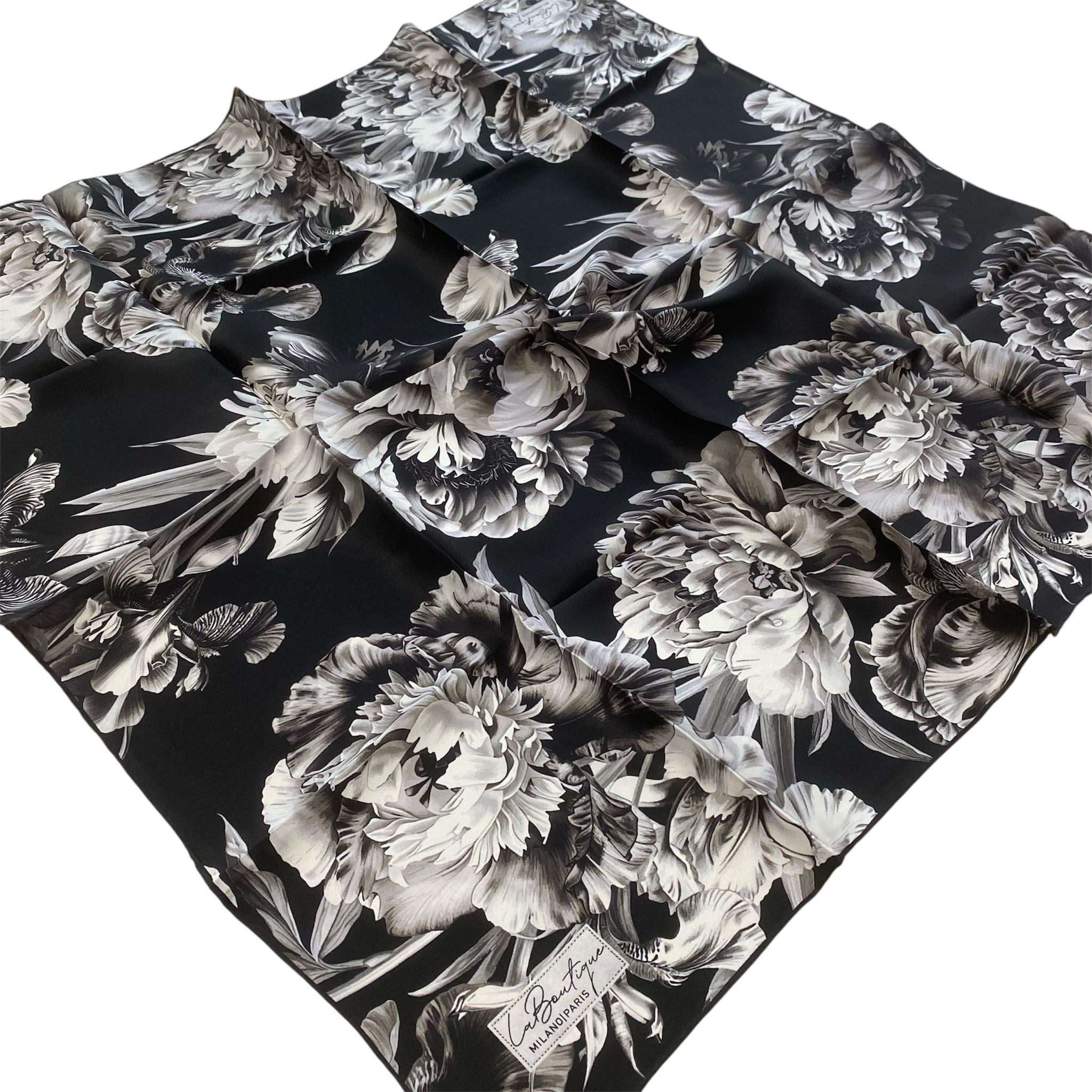 La Boutique Sura İpek Eşarp Siyah Eflatun Çiçek Desen 2556 - 08