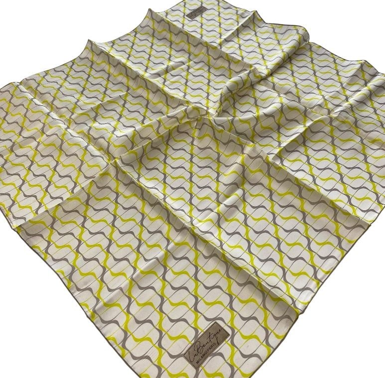 La Boutique Sura Saf İpek Eşarp  Beyaz Sarı Geometrik Desen 2337 - 09