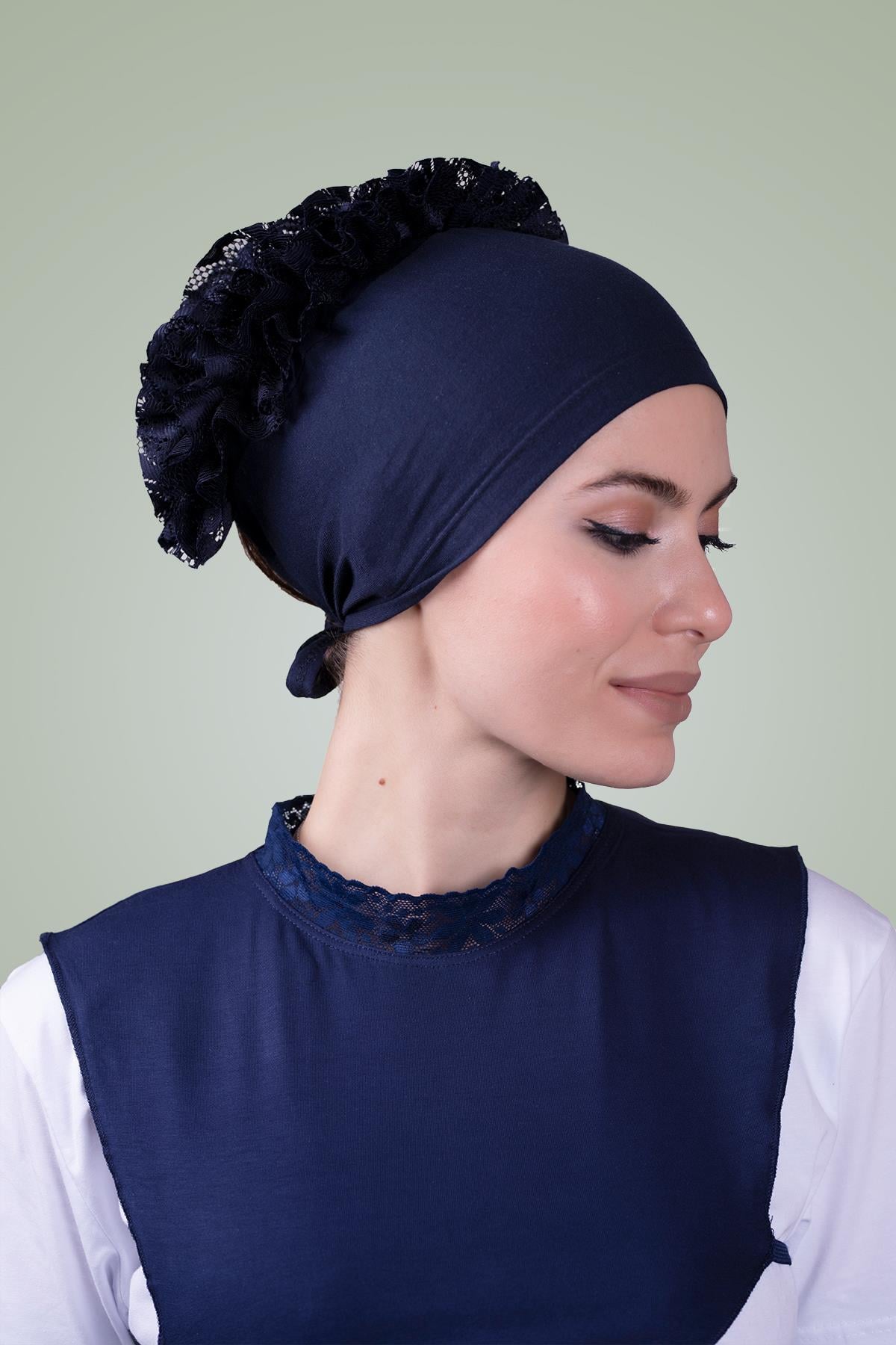 Lacivert Arkadan Bağlamalı Tesettür Bone Viskon Kumaş Fırfır Bone 1006_02