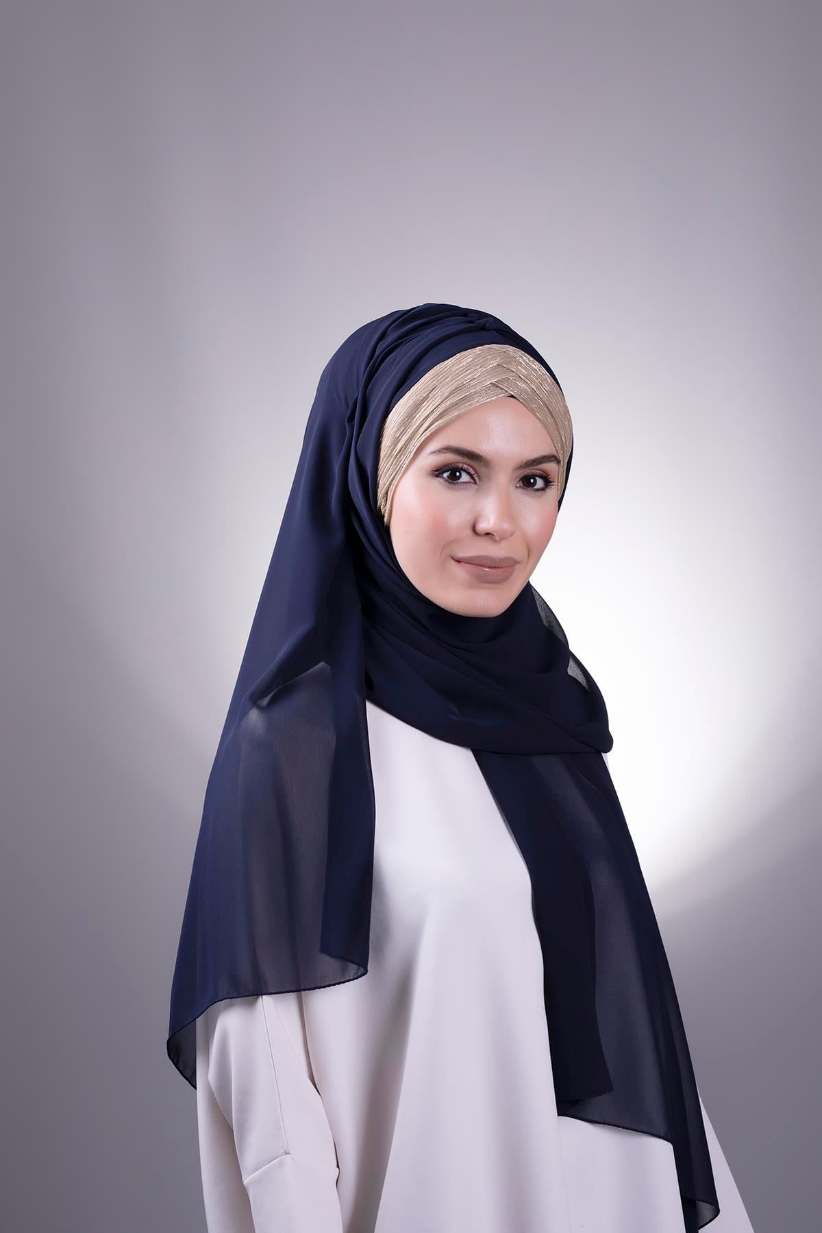 Lacivert-Gold Arkadan Bağlamalı Şal Şifon Üç Bantlı Simli Pileli 1835_0202