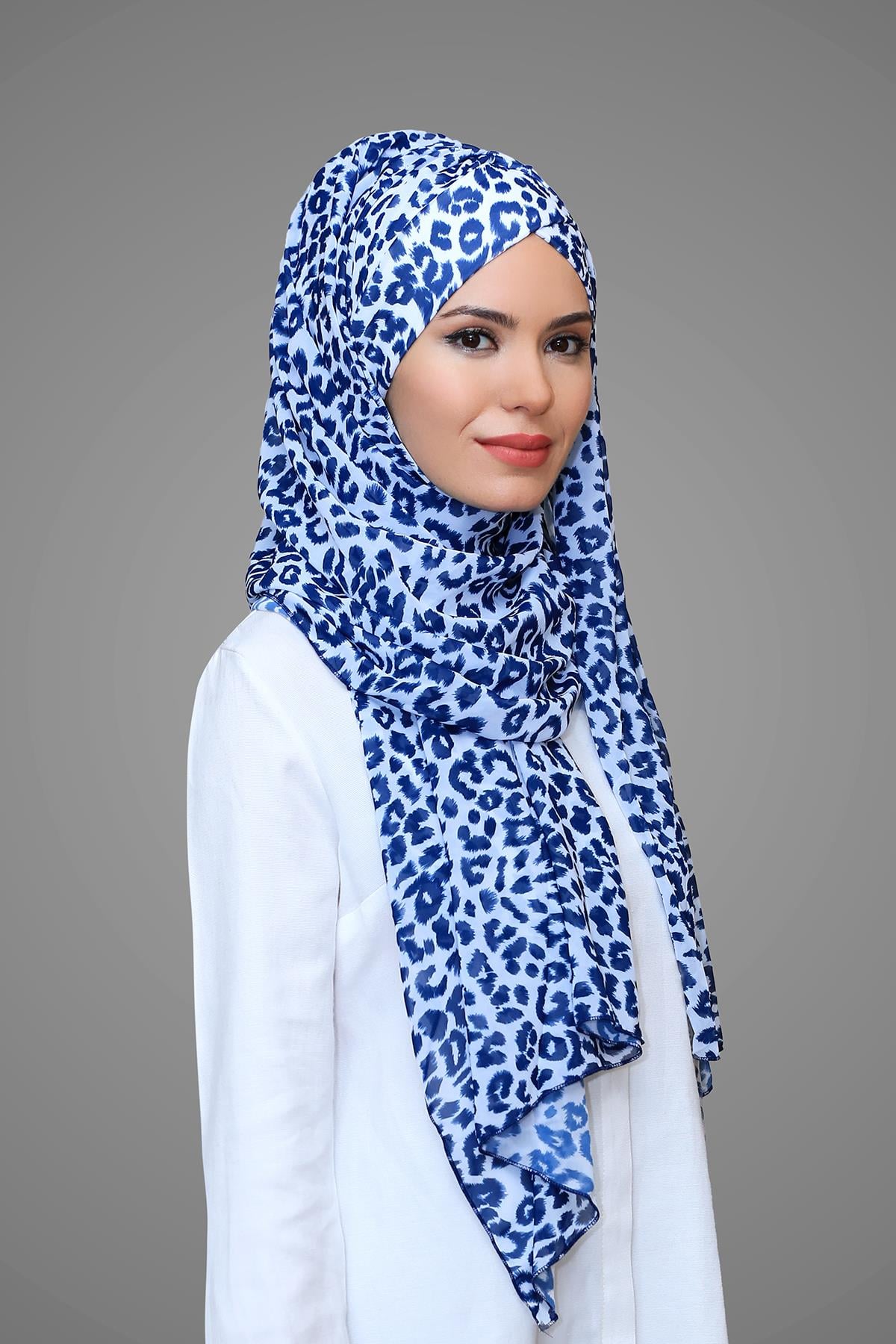 Lacivert-Leopar Pratik Hazır Geçmeli Bone Şal Şifon Kendinden Boneli Desenli 1454_02