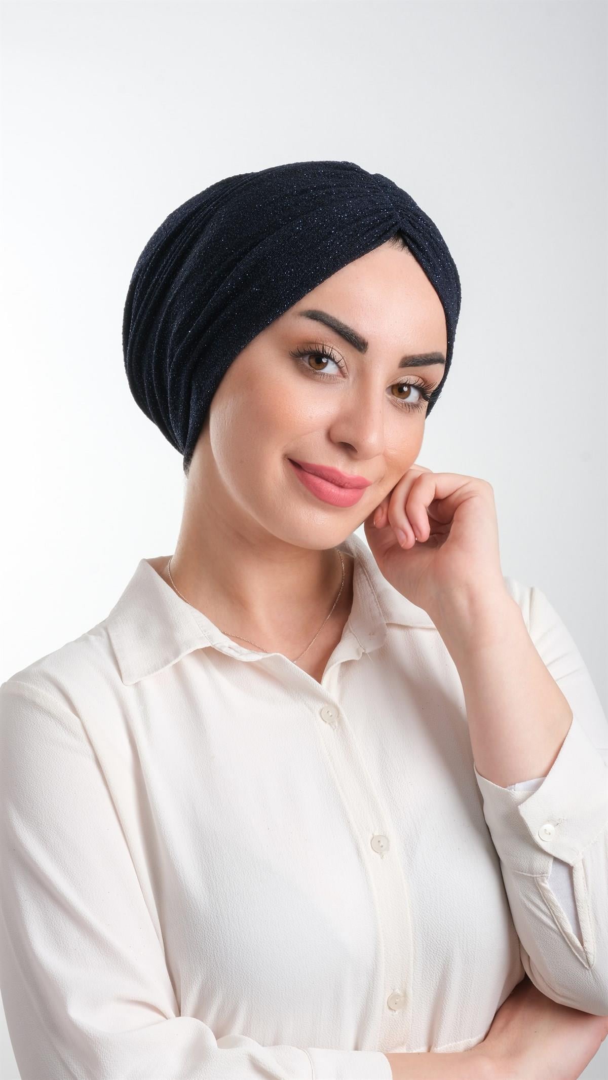Lacivert Pratik Hazır Geçmeli Tesettür Bone Fukuro Simli Büzgülü 2116_02