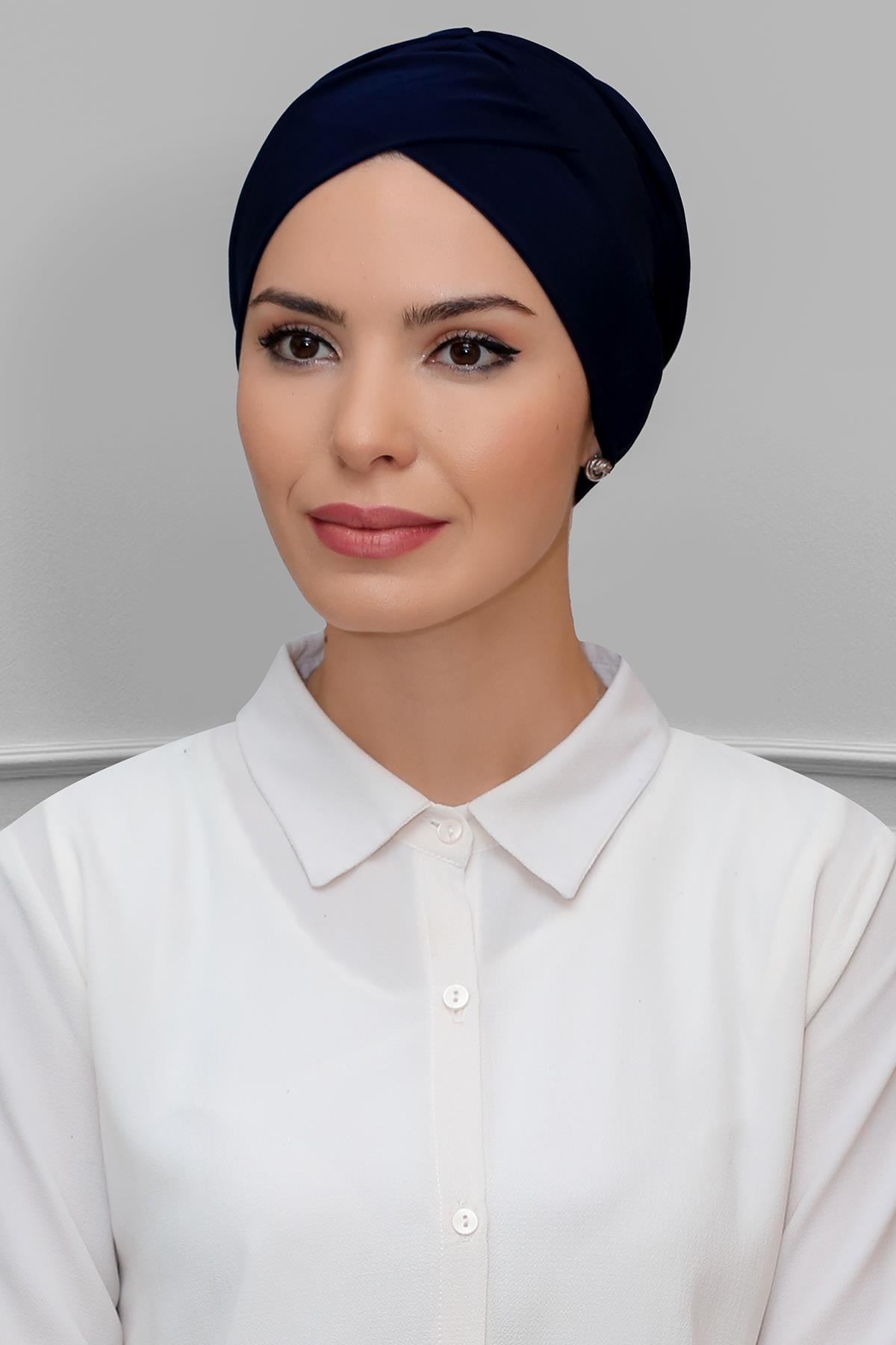 Lacivert Pratik Hazır Geçmeli Tesettür Bone Sandy Kumaş Çapraz Büzgülü 1801_02