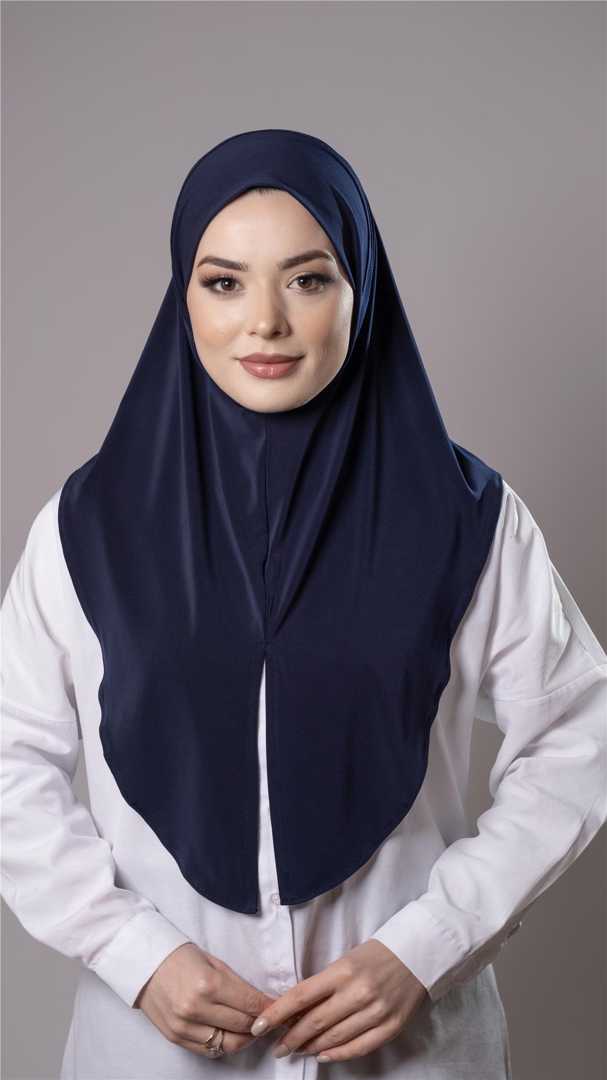 Lacivert Pratik Hazır Geçmeli Tesettür Eşarp Sandy Kumaş Yırtmaçlı Düz Hijab 2310_02