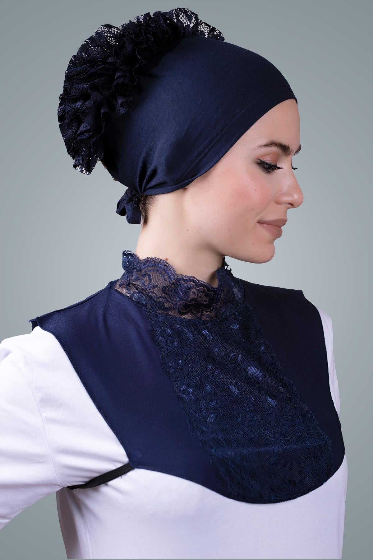 Lacivert Tesettür Boyunluk Viskon Kumaş Göğüs Dantelli 1005_02