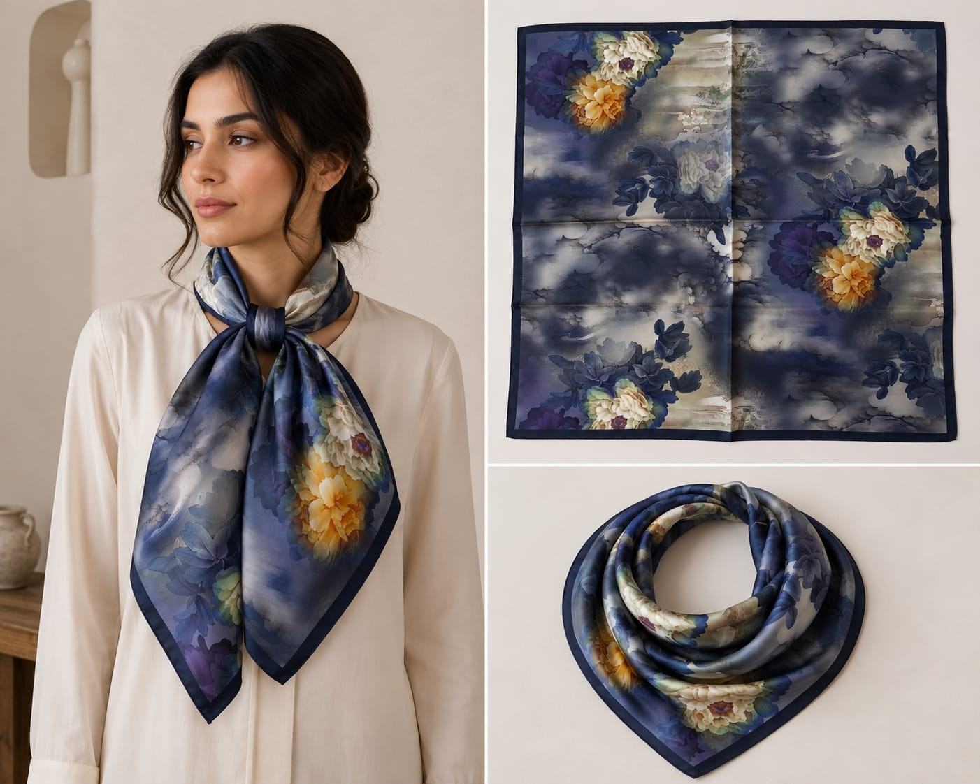 Lacivert Turuncu Çiçek Desenli İpek Fular