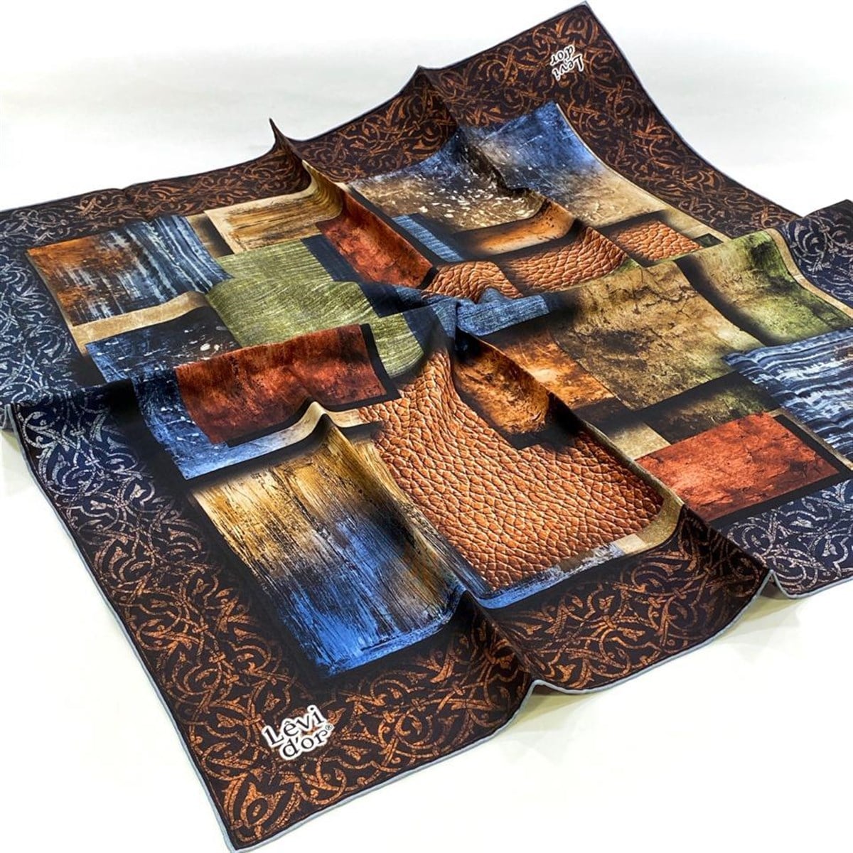 Levidor Mavi Desenli Tivil İpek Eşarp 4133