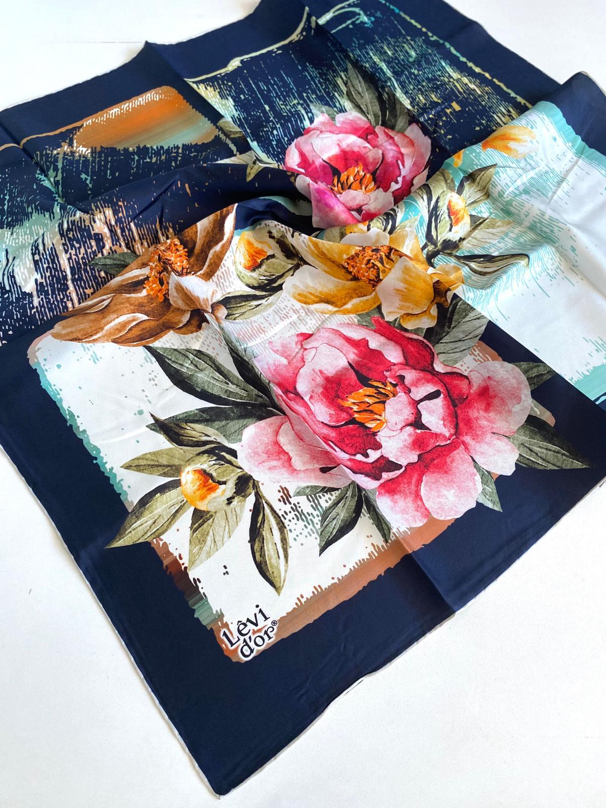 Levidor Silk Twill Scarf 48922 Navy Blue Mixed Pattern