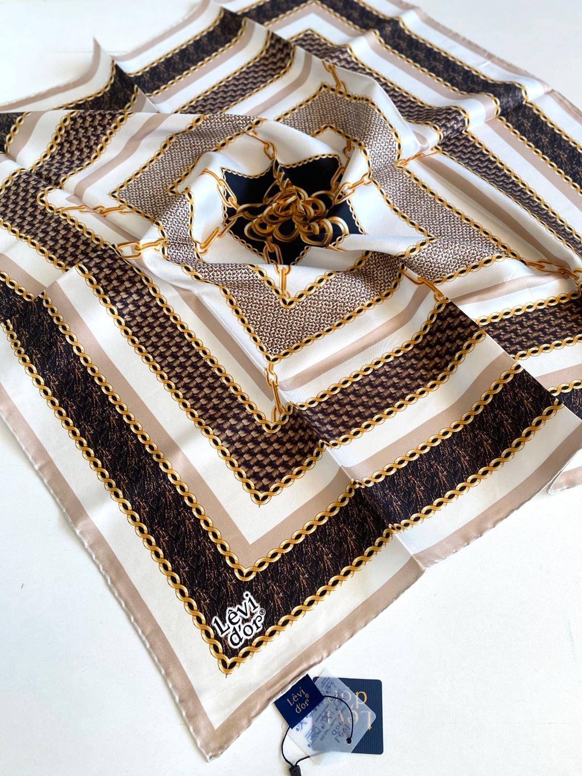 Levidor Tivil Saf İpek Eşarp 48946 Koyu Bej Karışık Desen