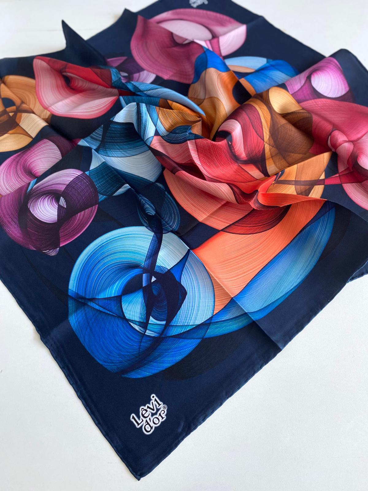 Levidor Twill Pure Silk Scarf 48993 Navy Blue Mixed Pattern