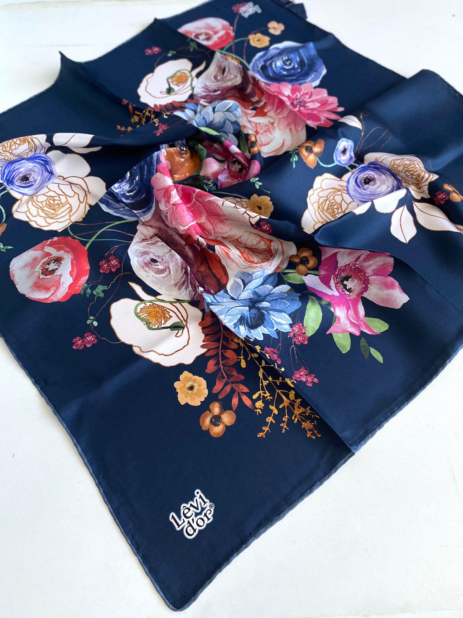 Levidor Tivil Saf İpek Eşarp 49401 Lacivert Karışık Desen