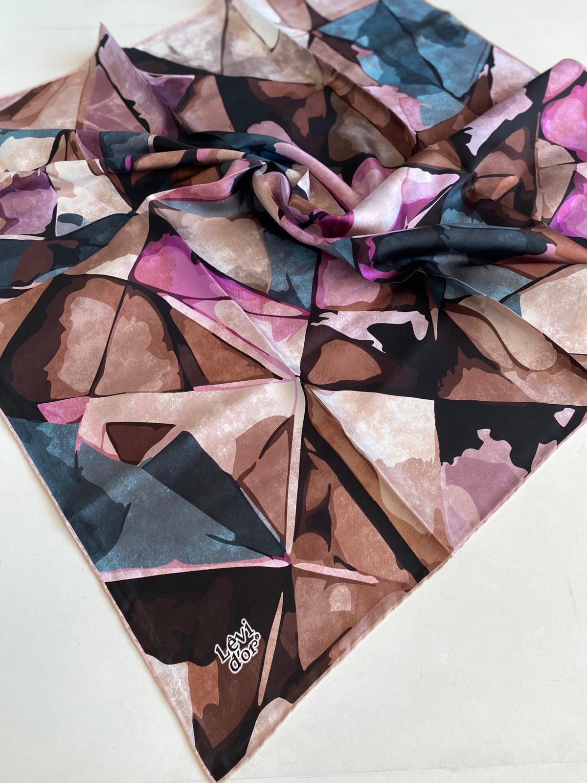 Levidor Twill Pure Silk Scarf 49444 Coffee Mixed Pattern