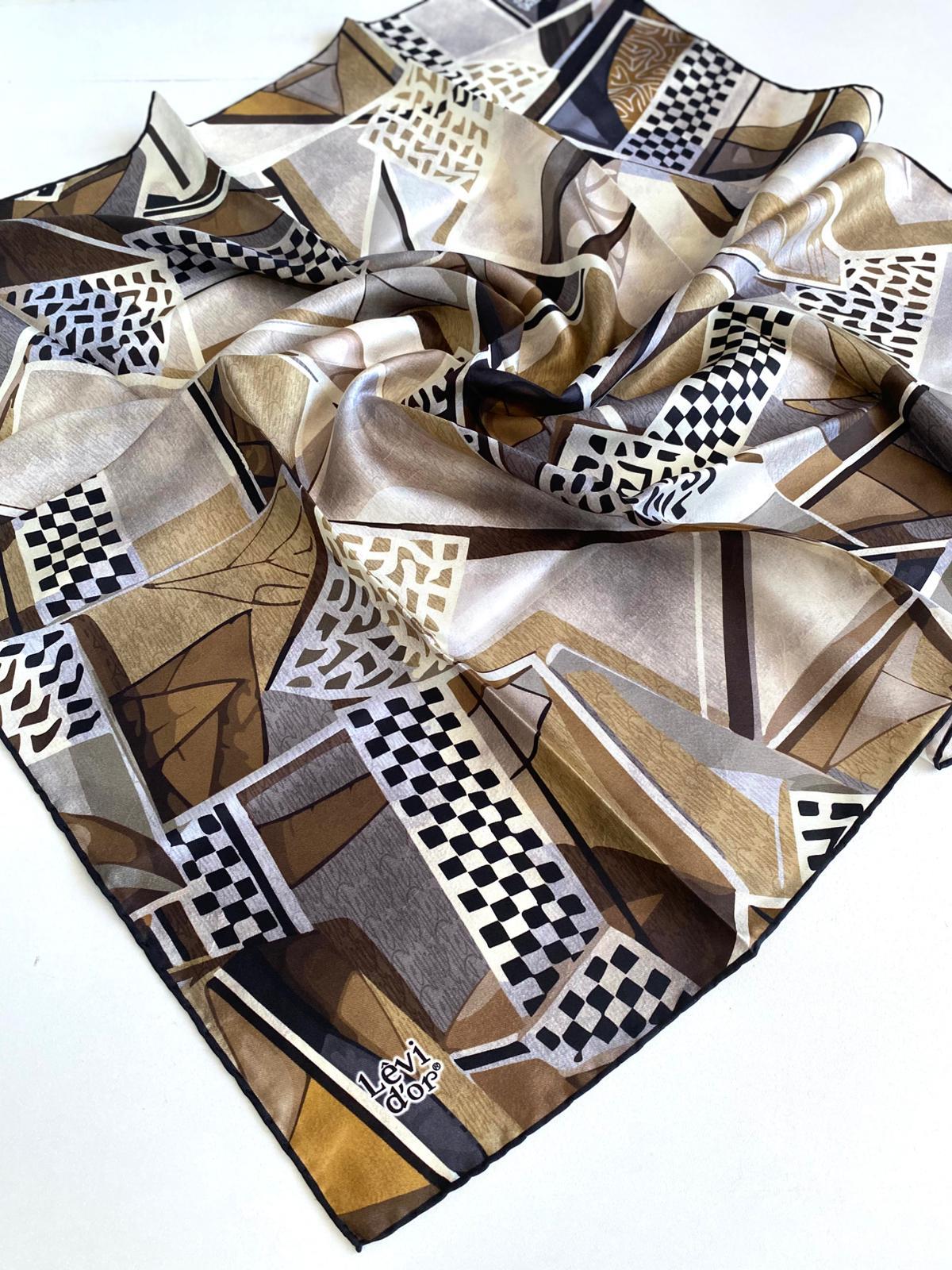 Levidor Tivil Saf İpek Eşarp 49451 Kahve Karışık Desen