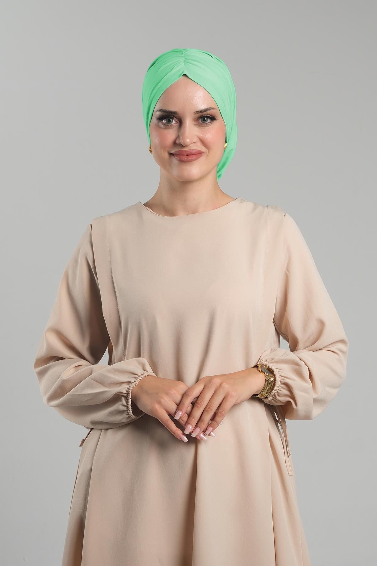 Mint Yeşili Pratik Hazır Geçmeli Tesettür Bone Sandy Büzgülü Salaş 2119_13