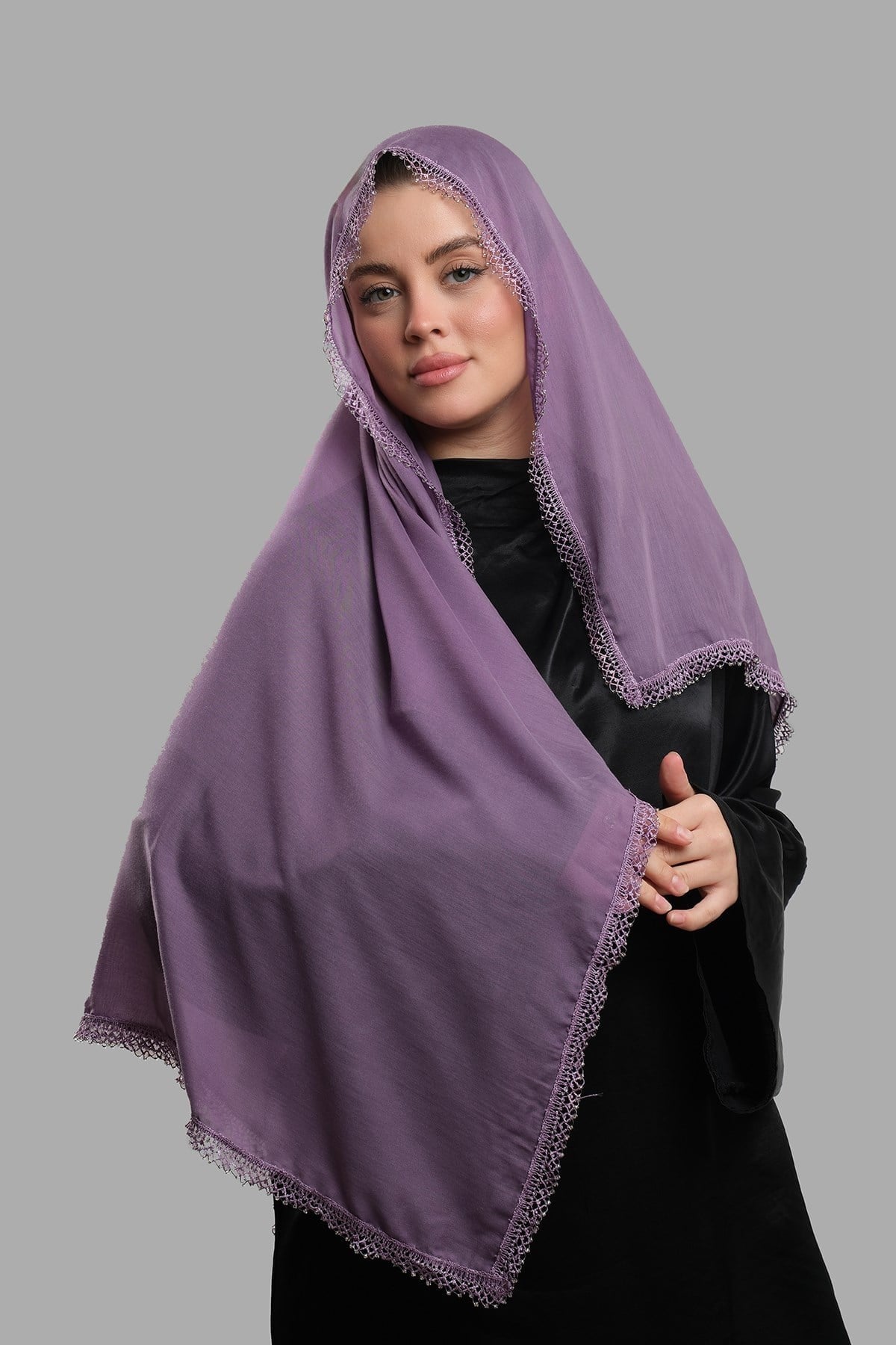 Mor Nikah Namaz Başörtüsü Eşarp Kesik Elyaf Boncuklu Güpürlü 202213_22
