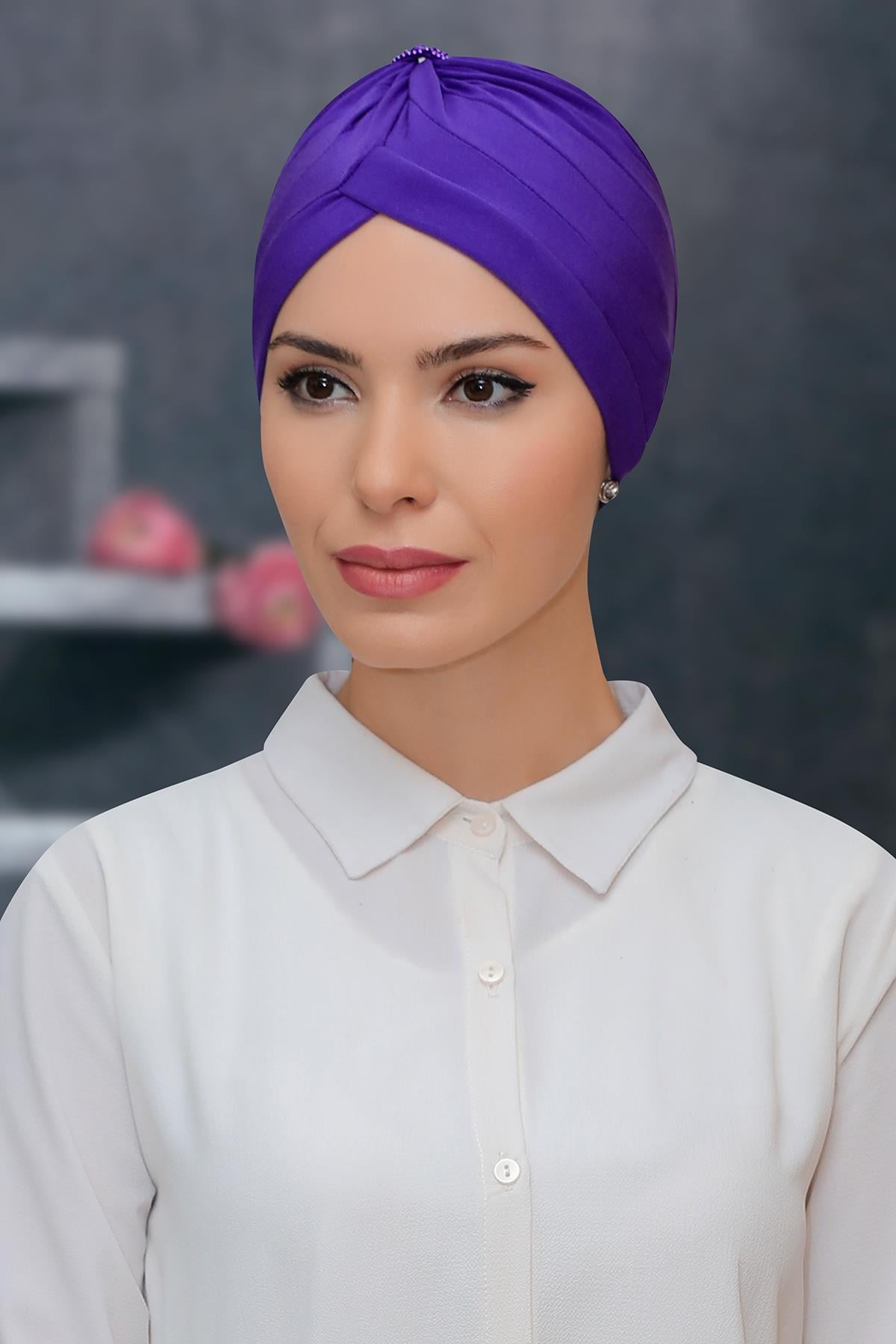 Mor Pratik Hazır Geçmeli Tesettür Bone Sandy Kumaş Taçlı Büzgülü 1208_22