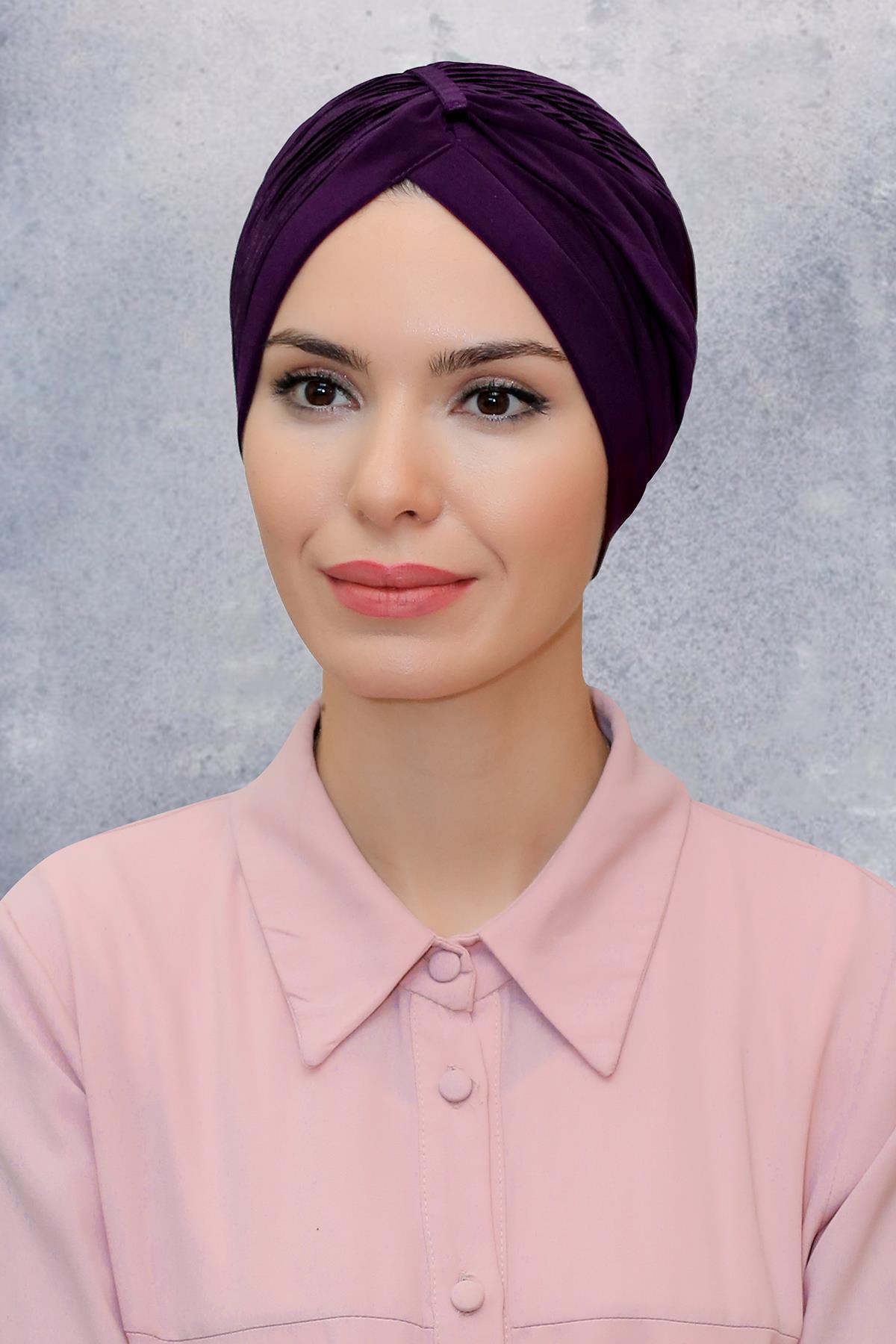 Mürdüm Pratik Hazır Geçmeli Tesettür Bone Fukuro Sandy Kumaş Büzgülü 1831_07