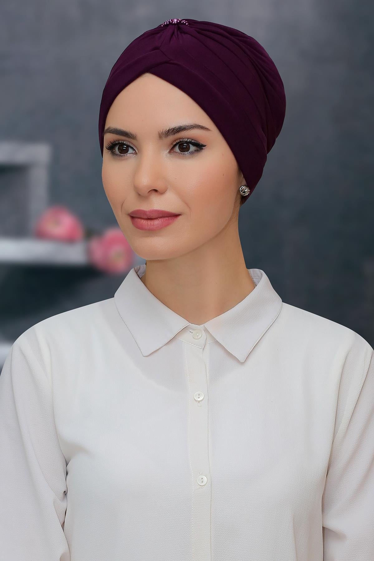Mürdüm Pratik Hazır Geçmeli Tesettür Bone Sandy Kumaş Taçlı Büzgülü 1208_07