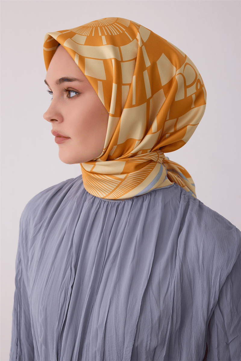 Oranj Tivil İpek Eşarp Ekru 4411 87 Geometrik Desen