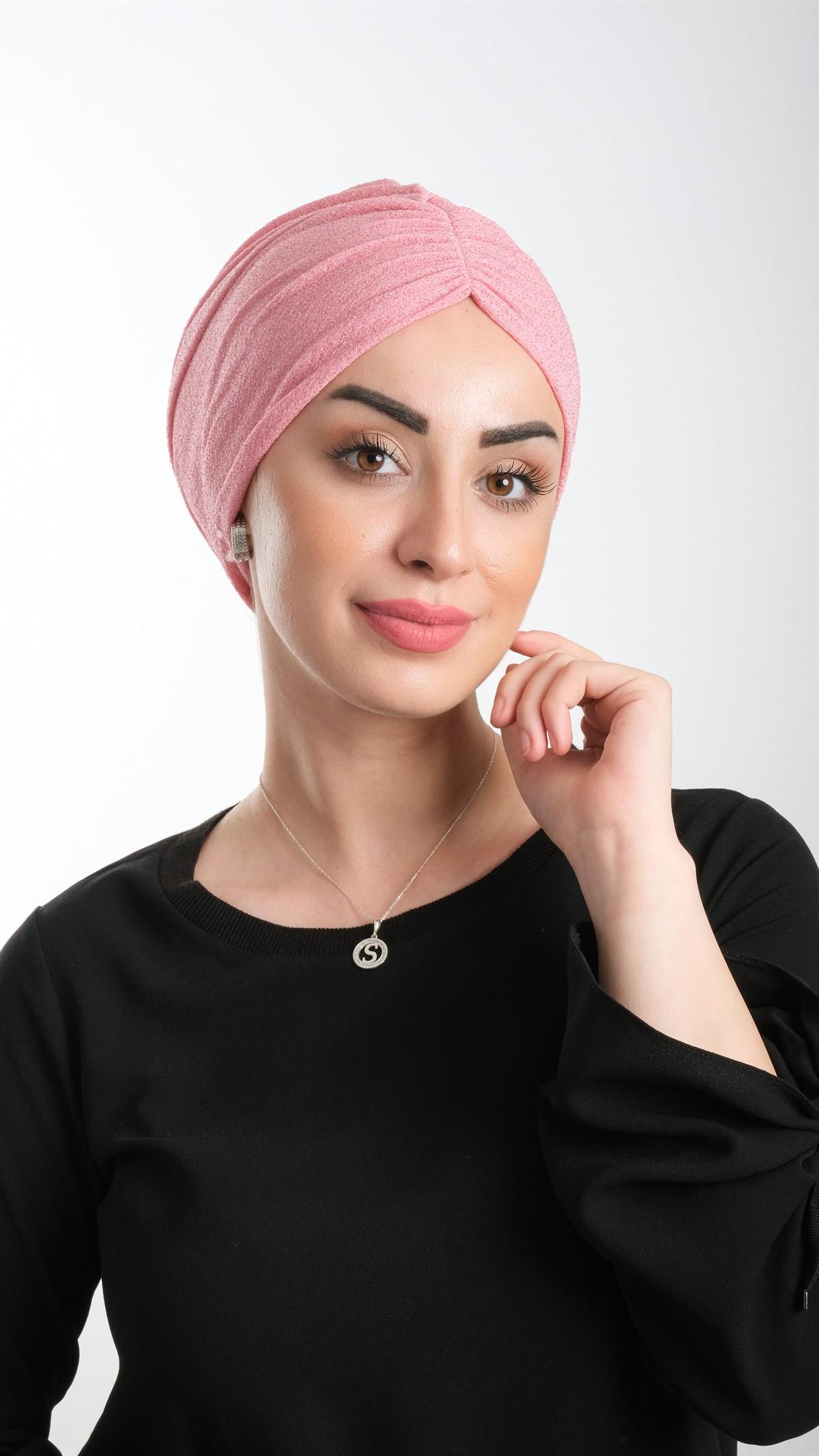 Pembe Pratik Hazır Geçmeli Tesettür Bone Fukuro Simli Büzgülü 2116_04