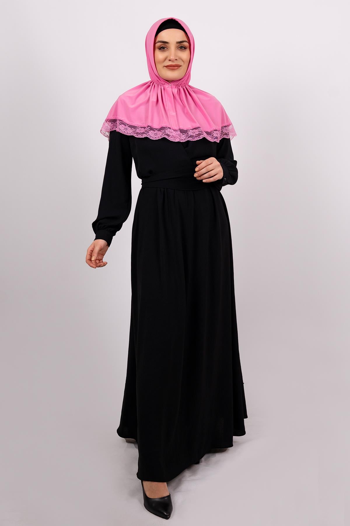 Pembe Pratik Hazır Geçmeli Tesettür Eşarp Viskon Kumaş Çıtçıtlı Dantelli 2105_04