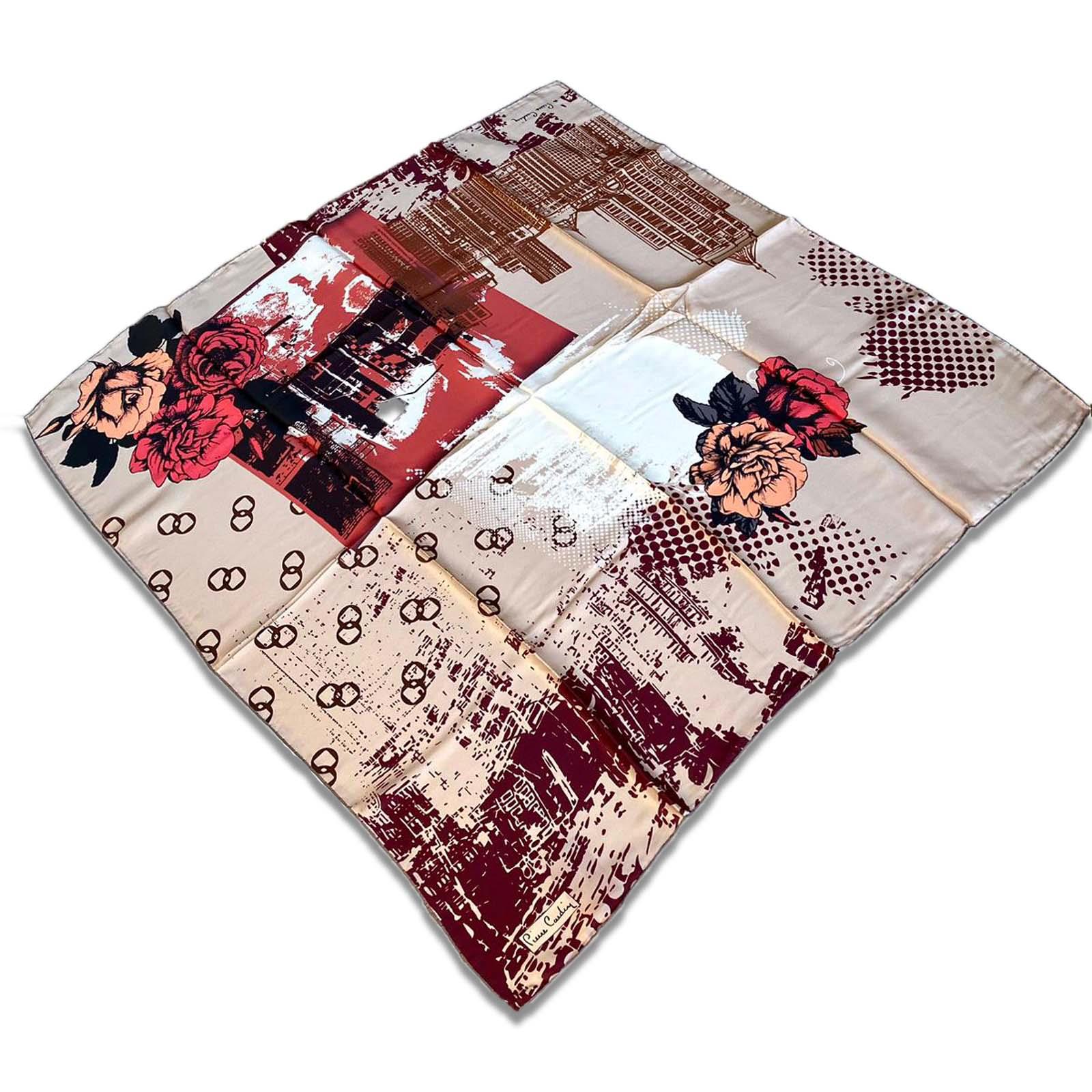 Pierre Cardin Cream Plum Mixed Pattern Satin Silk Scarf 8392230-332 31315