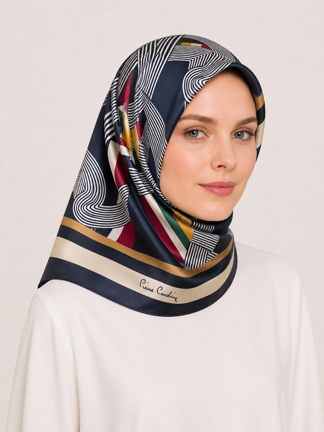 Pierre Cardin Black - Cream Geometric Pattern Twill Silk Scarf 8339438-913