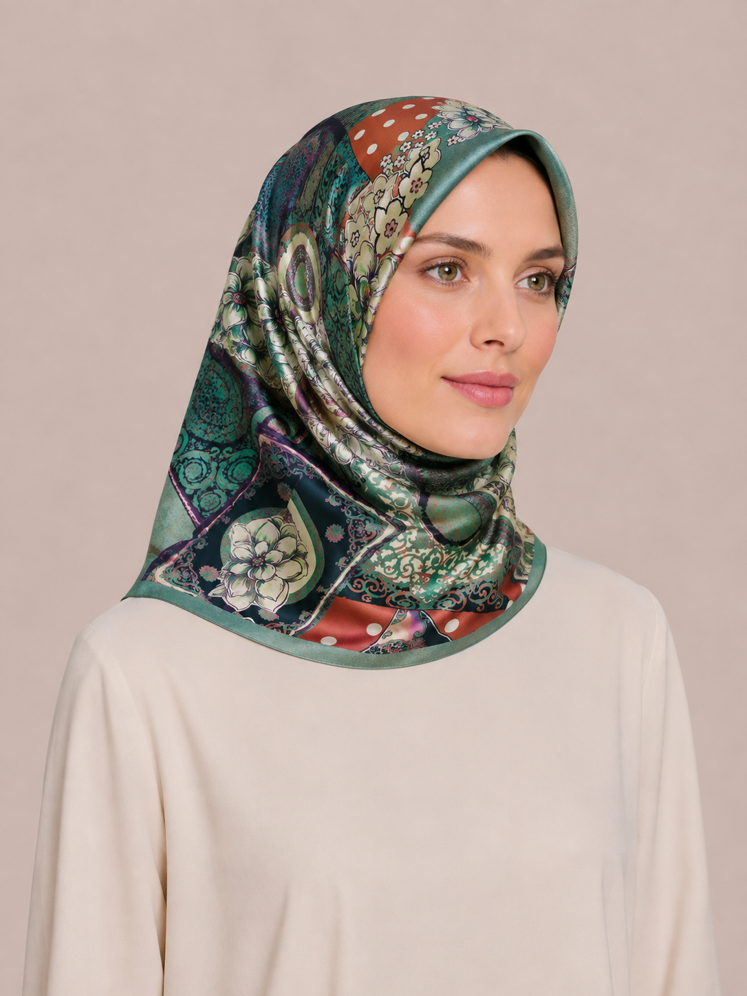 Pierre Cardin Green Mixed Flower Pattern Twill Silk Scarf 30970