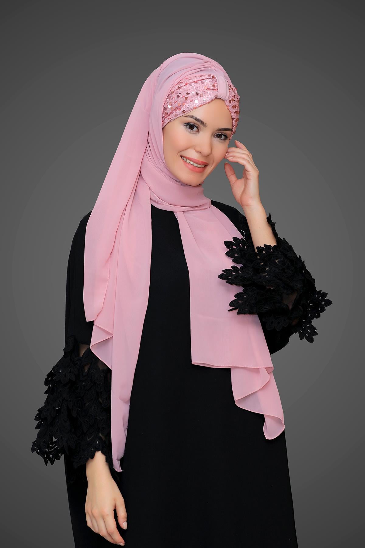 Pudra Arkadan Bağlamalı Şal Şifon Pullu Pileli 1914_06