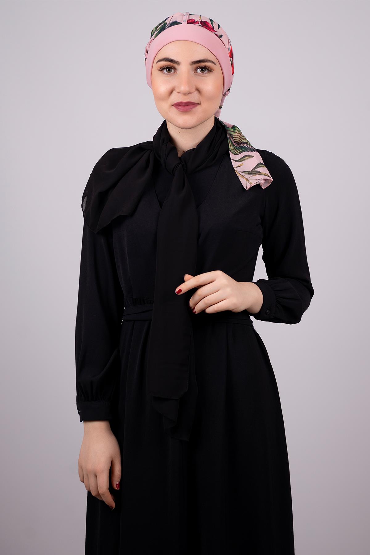Pudra Pratik Hazır Geçmeli Tesettür Bone Sandy Kumaş Desenli Şifon Kemerli 1305D_06