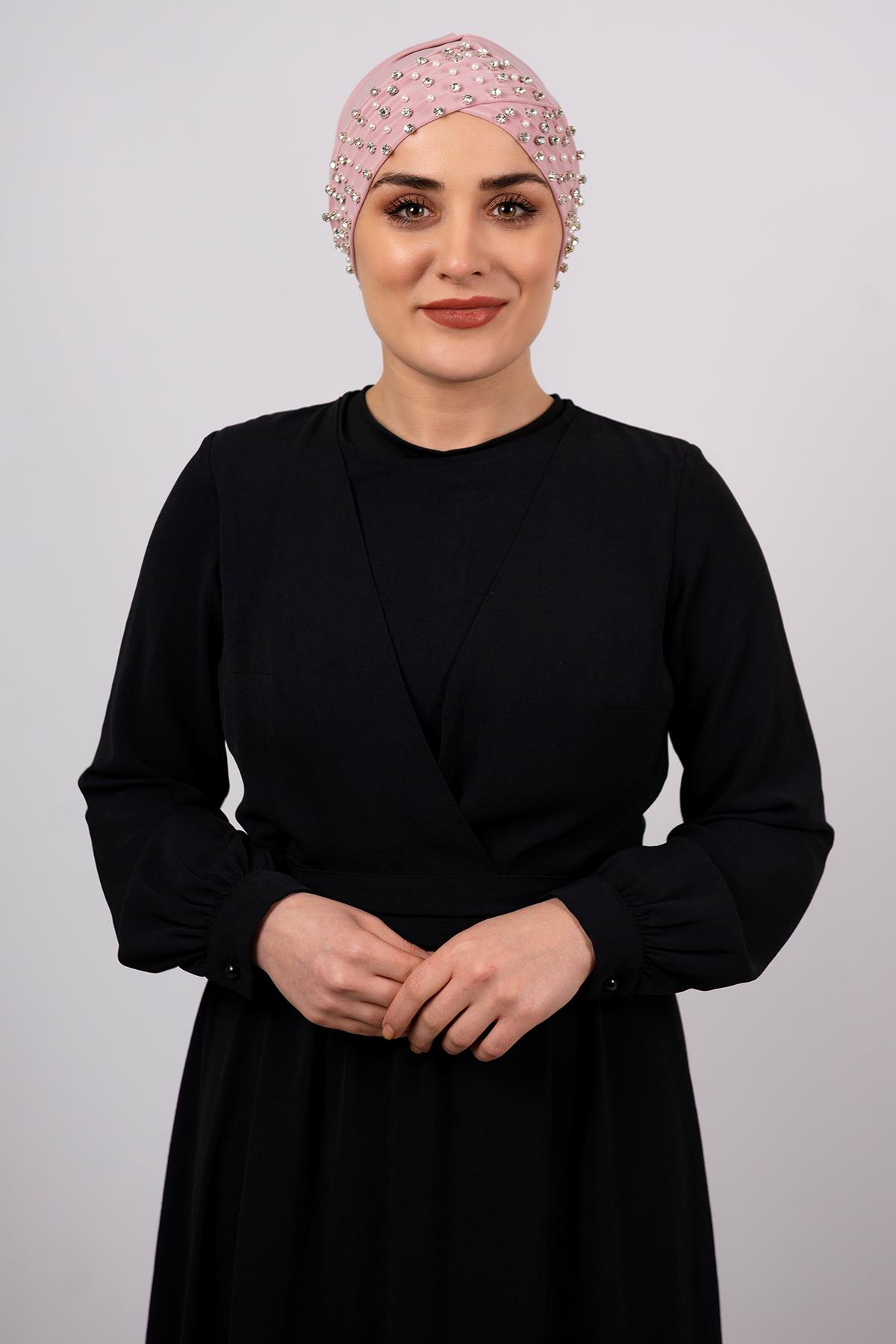 Pudra Pratik Hazır Geçmeli Tesettür Bone Sandy Kumaş Taşlı 1456_06