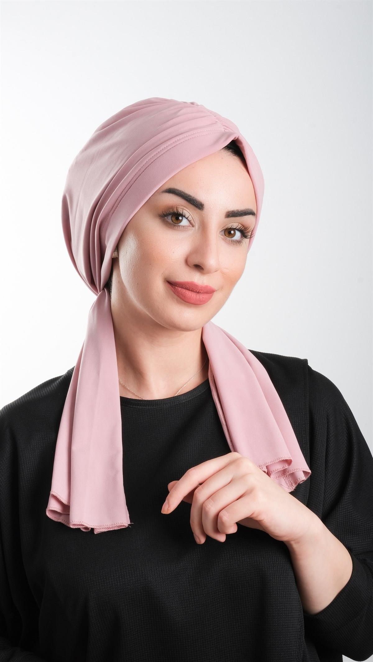 Pudra Pratik Hazır Geçmeli Tesettür Bone Kesik Elyaf Sade 2111_06