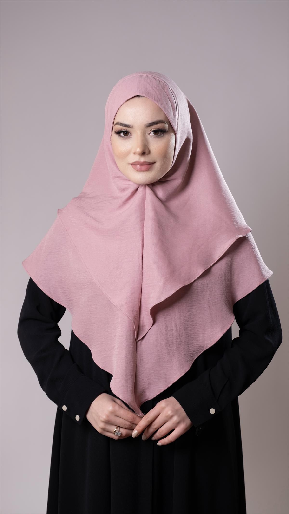 Pudra Pratik Hazır Geçmeli Tesettür Eşarp Pamuk Caz Kumaş Çift Katlı Düz Hijab 2303_06