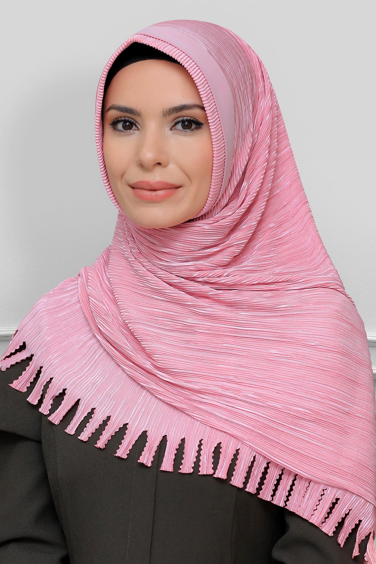 Pudra Pratik Hazır Geçmeli Tesettür Eşarp Fukuro Piliseli Saçaklı Lazer Kesim 1820_06