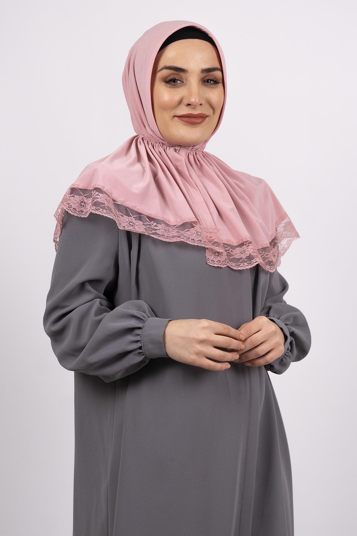 Pudra Pratik Hazır Geçmeli Tesettür Eşarp Viskon Kumaş Çıtçıtlı Dantelli 2105_06