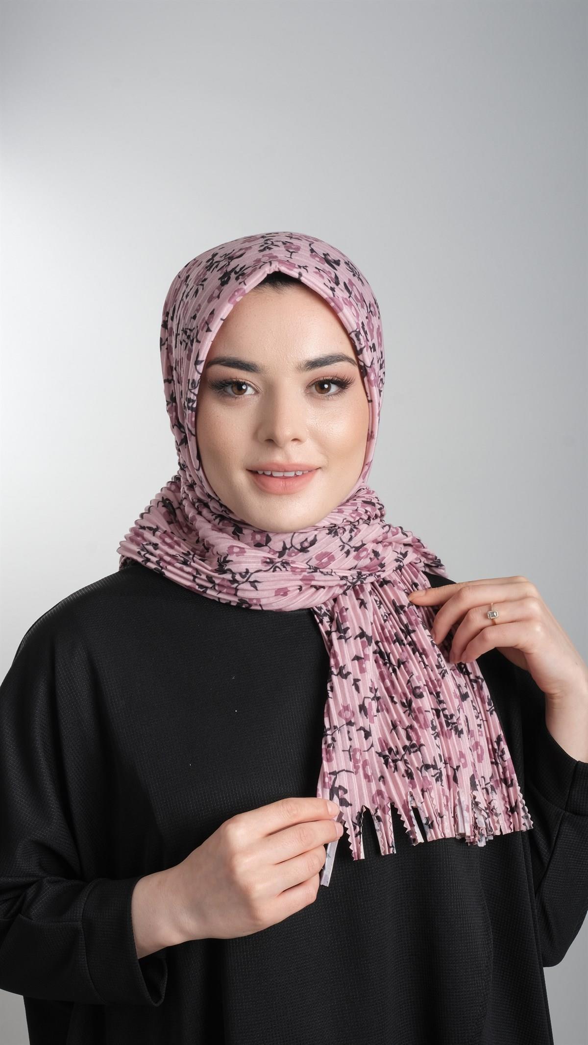 Pudra Pratik Hazır Geçmeli Tesettür Eşarp Kesik Elyaf Piliseli Çiçek Desenli 1818D7_06