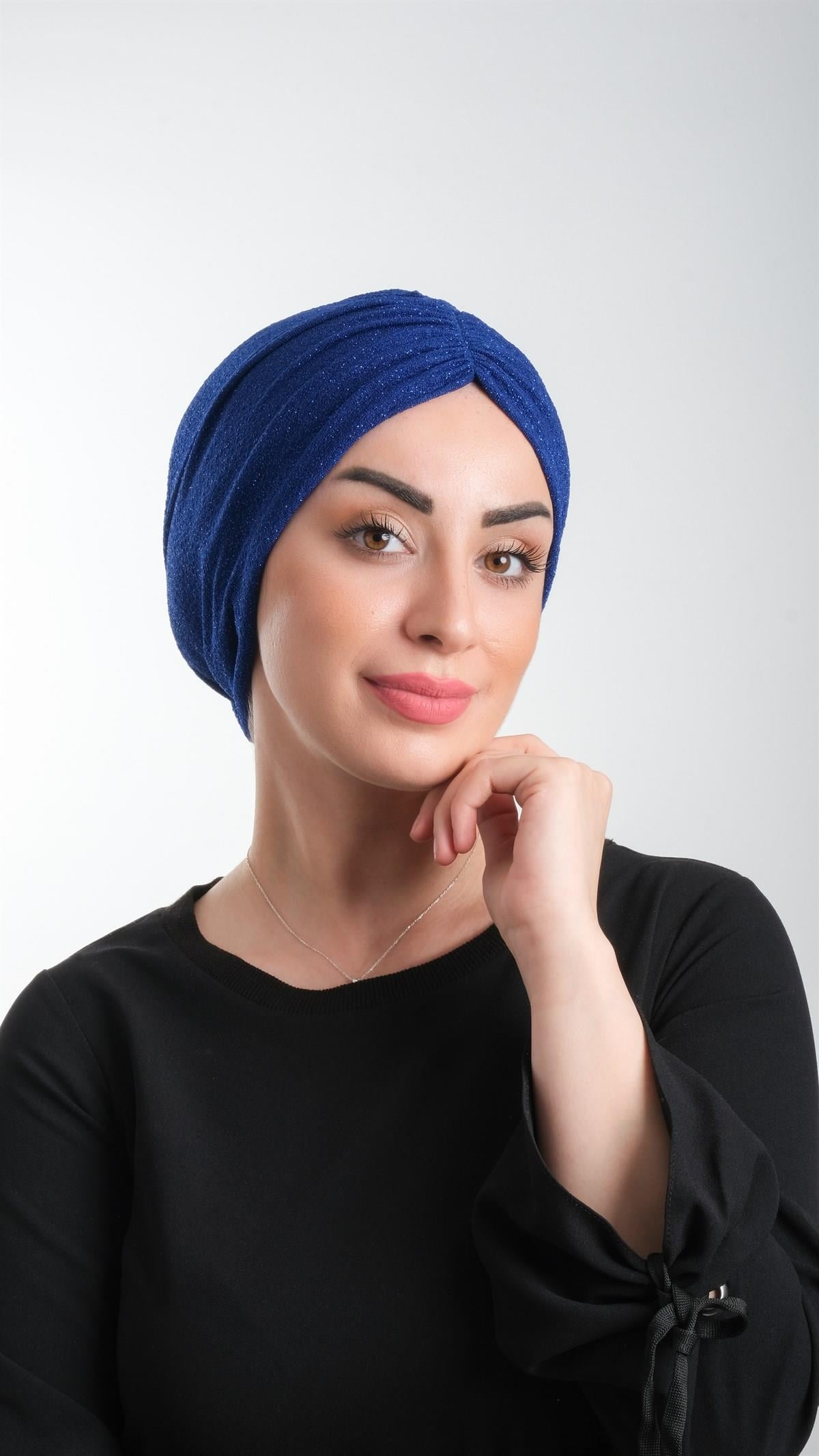 Saks Mavisi Pratik Hazır Geçmeli Tesettür Bone Fukuro Simli Büzgülü 2116_24