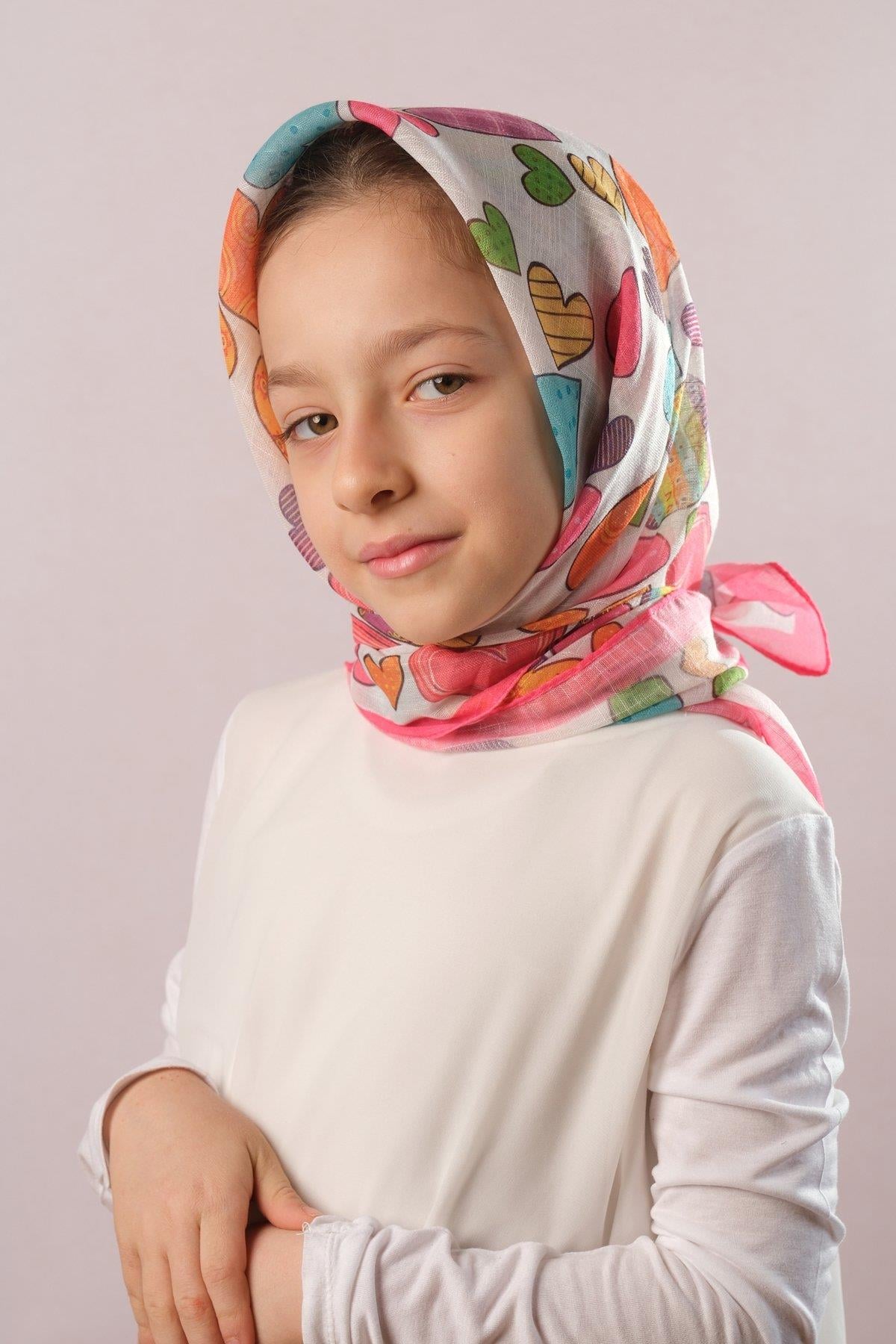 Şarabi Dijital Baskılı Çocuk Tesettür Eşarp Pamuk Polyester Renkli Kalp Desenli 6003_08