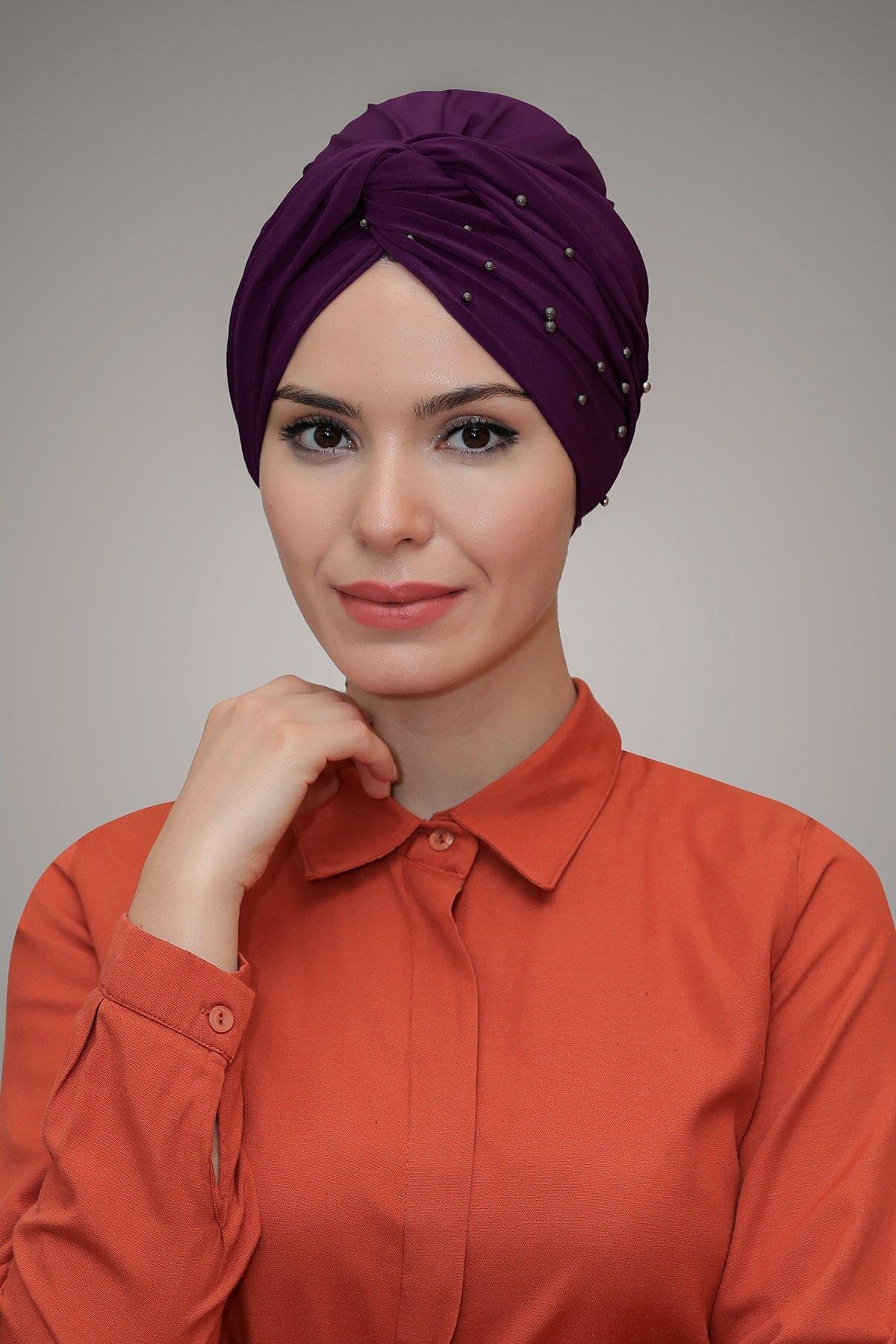 Şarabi Pratik Dolama Tesettür Bone Sandy Kumaş Boncuklu 1870_08