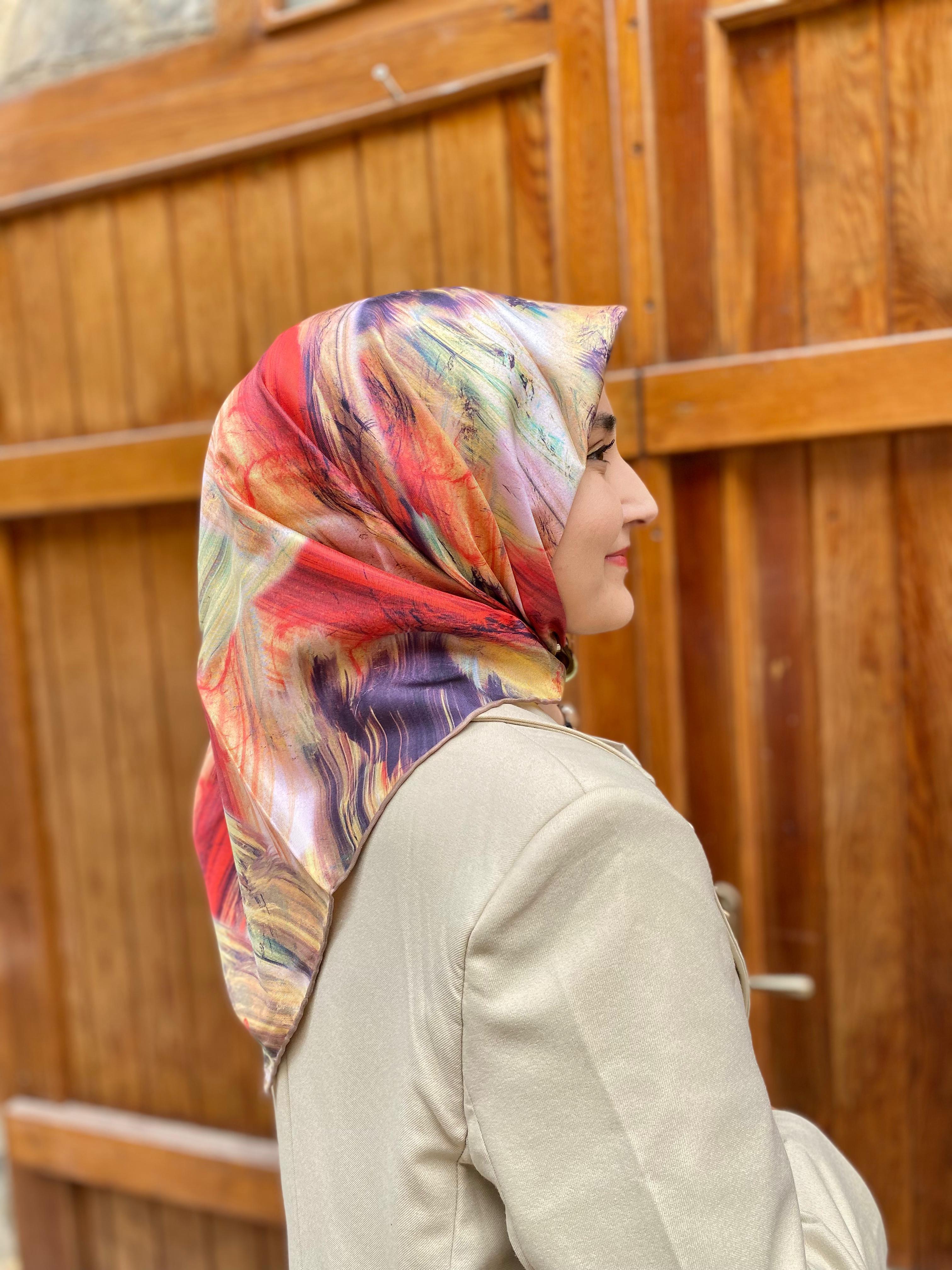 Seyra Mercan-Sarı Fırça Desen Tivil İpek Eşarp 3873