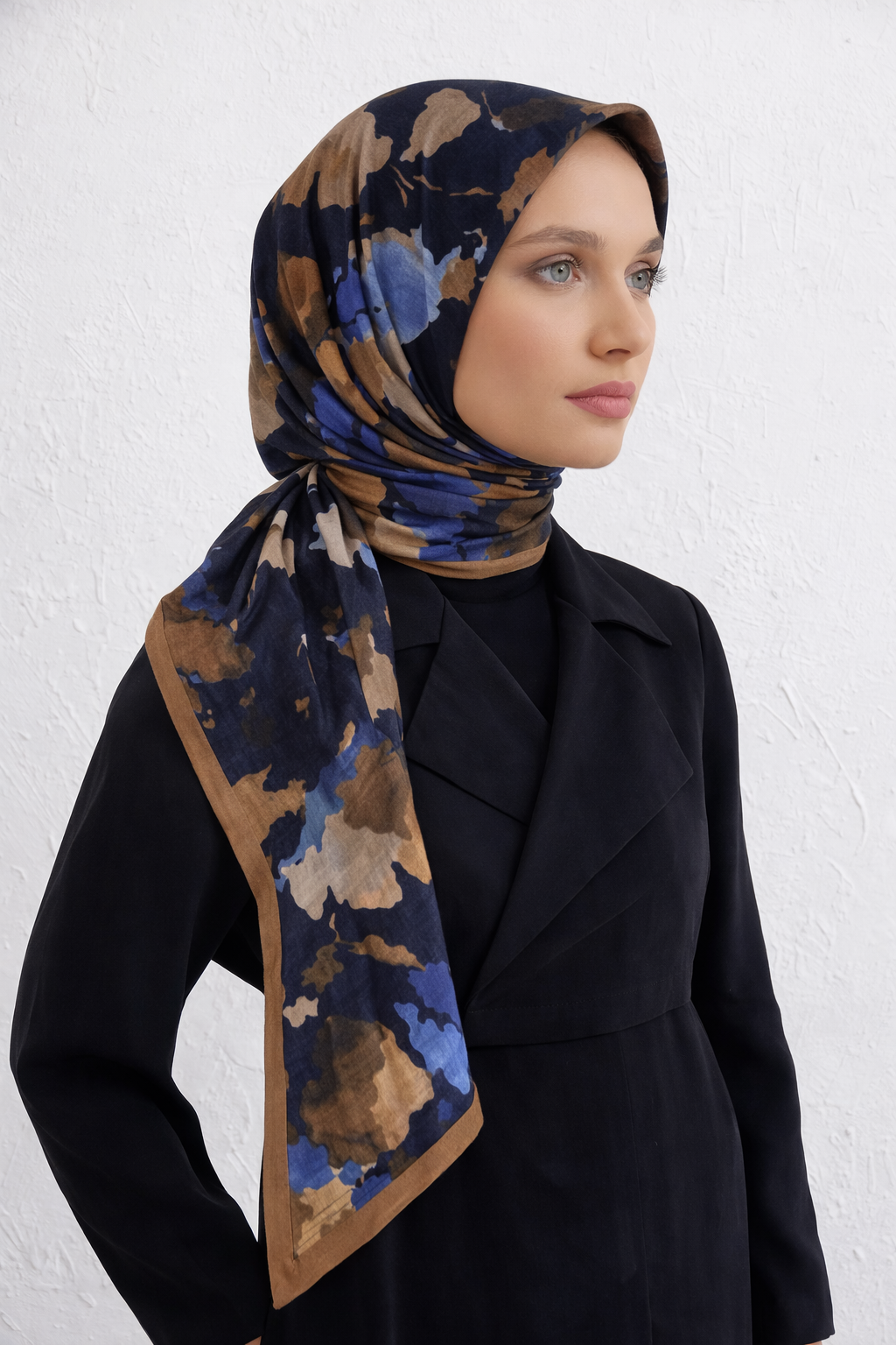 Shawl Secret Bambreeze Veluna Bambu Kraş Dijital Şal 52808 Lacivert Kahve
