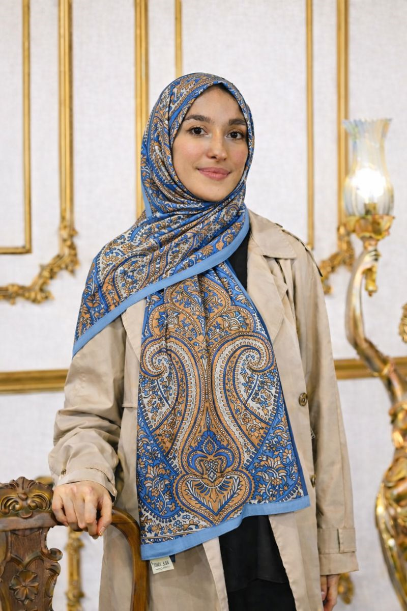 Shawl Secret Glamour Pamuklu Etnik Soft Şal 52823 Açık Mavi Etnik Desen