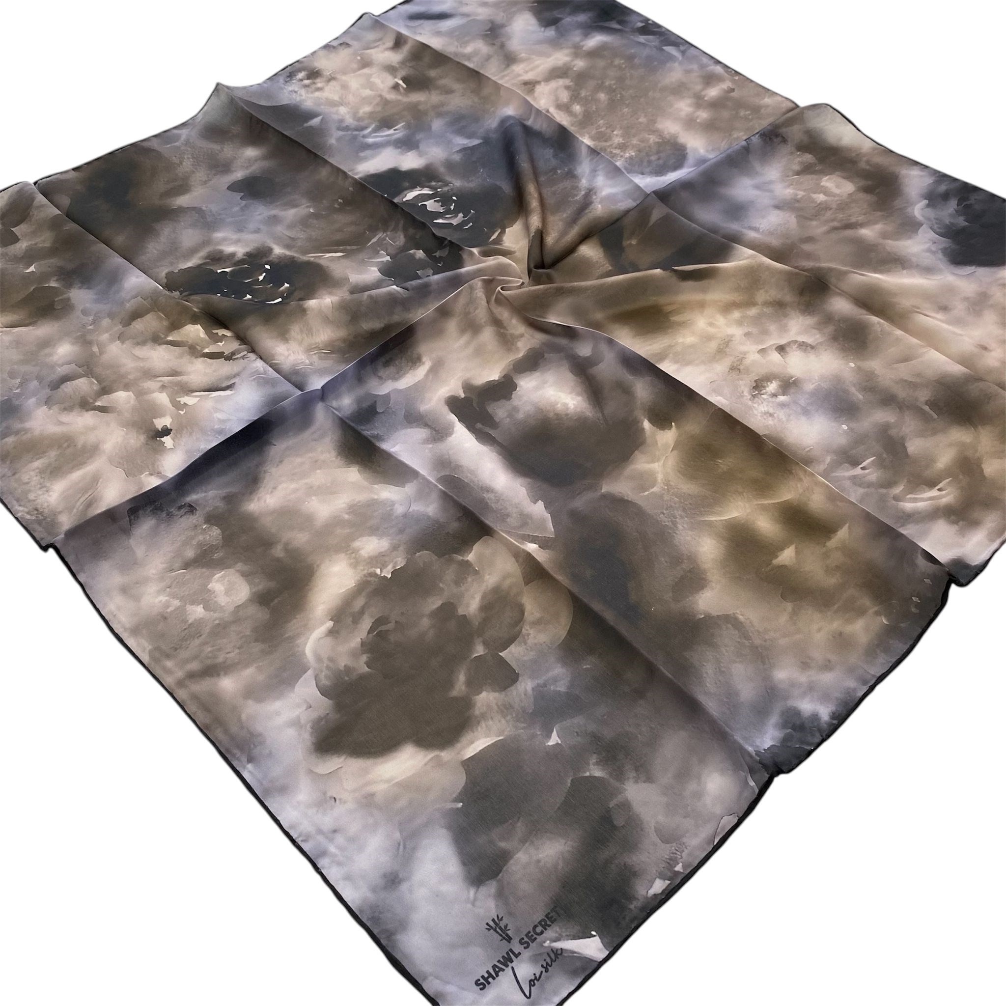 Shawl Secret Loi Silk İpeksi Eşarp Haki - Gri Bulut Desen 54199