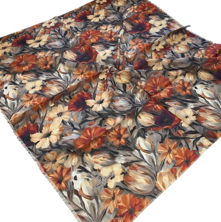 Shawl Secret Renkli Çiçek Desen Tülbent Taba - Vizon 54578