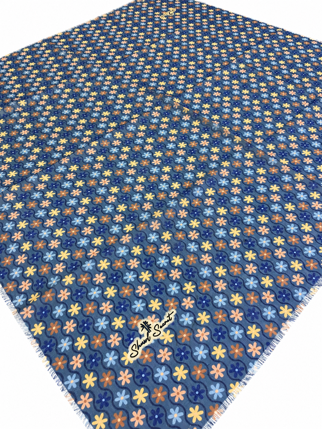 Shawl Secret Tülbent Lacivert Mavi Çiçek Desen