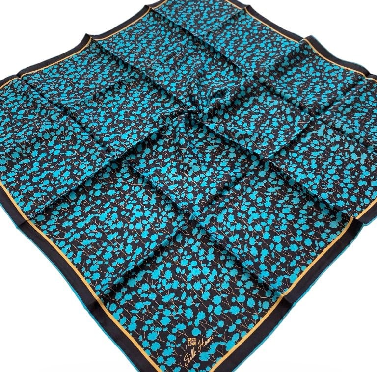 Silk Home Acı Kahve-Mavi Çiçek Desenli Tivil İpek Eşarp 11412 - 05