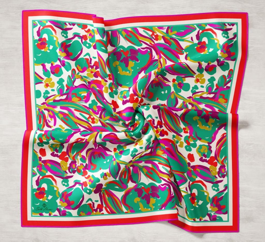 Silk Home Anestezi Yeşili-Mor Desenli Tivil İpek Eşarp 11405-03