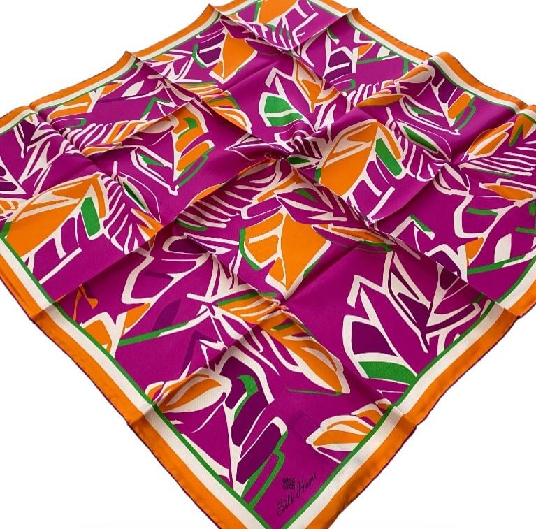 Silk Home Fuşya Geometrik Yaprak Desen Tivil İpek Eşarp 11407 - 59 