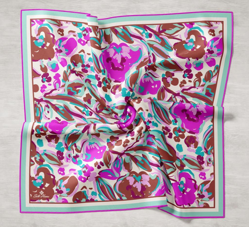 Silk Home Kahve-Mor Desenli Tivil İpek Eşarp 11405-23